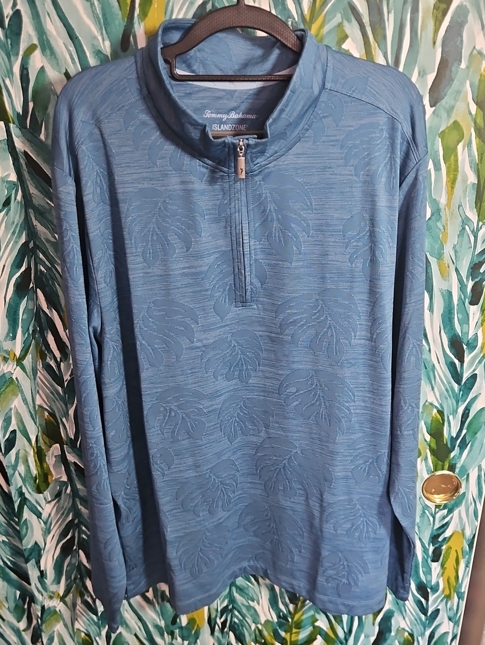 Tommy Bahama Monstera Fade IslandZone Blue Palm Quarter Zip Pullover - Size XL